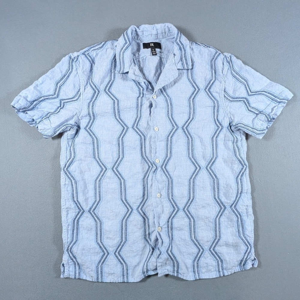 Banana Republic Button Up Shirt Mens Large Blue Linen Embroidered 430145-00 NWOT